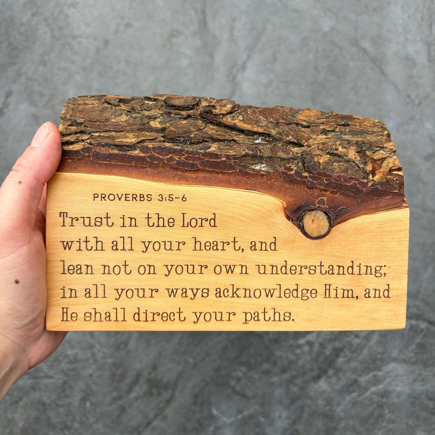 'Trust in the Lord' live edge Lebanese cedar plaque