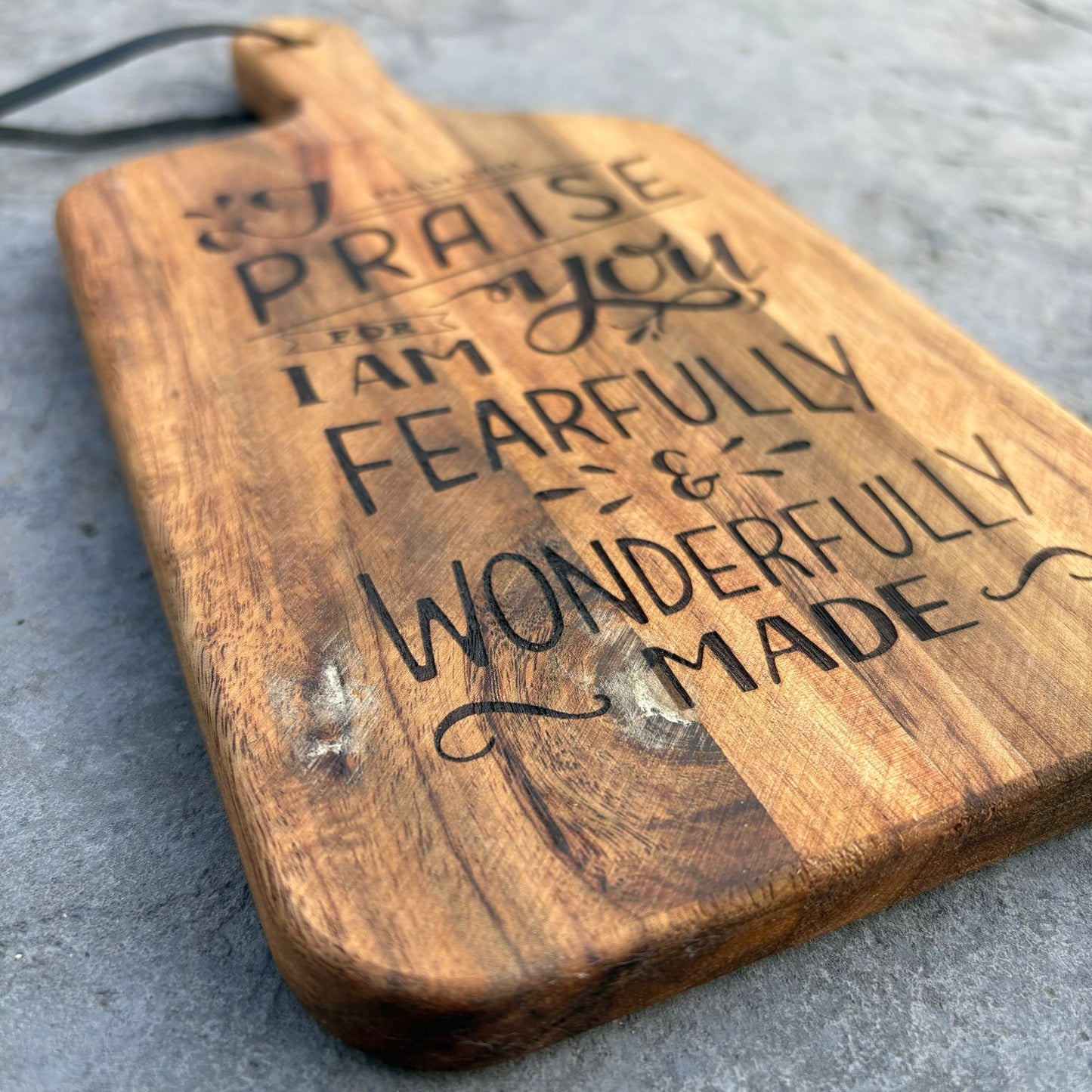 'Fearfully and wonderfully made' laser engraved decorative wooden board