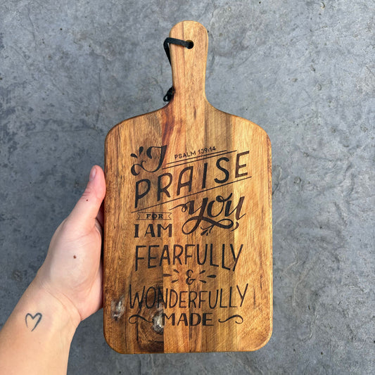 'Fearfully and wonderfully made' laser engraved decorative wooden board