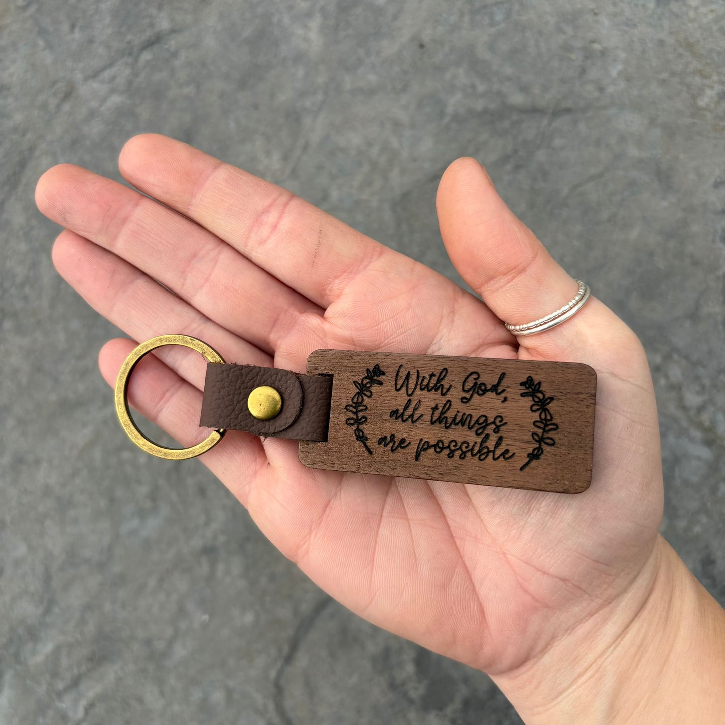 'With God, all things are possible' walnut keyring