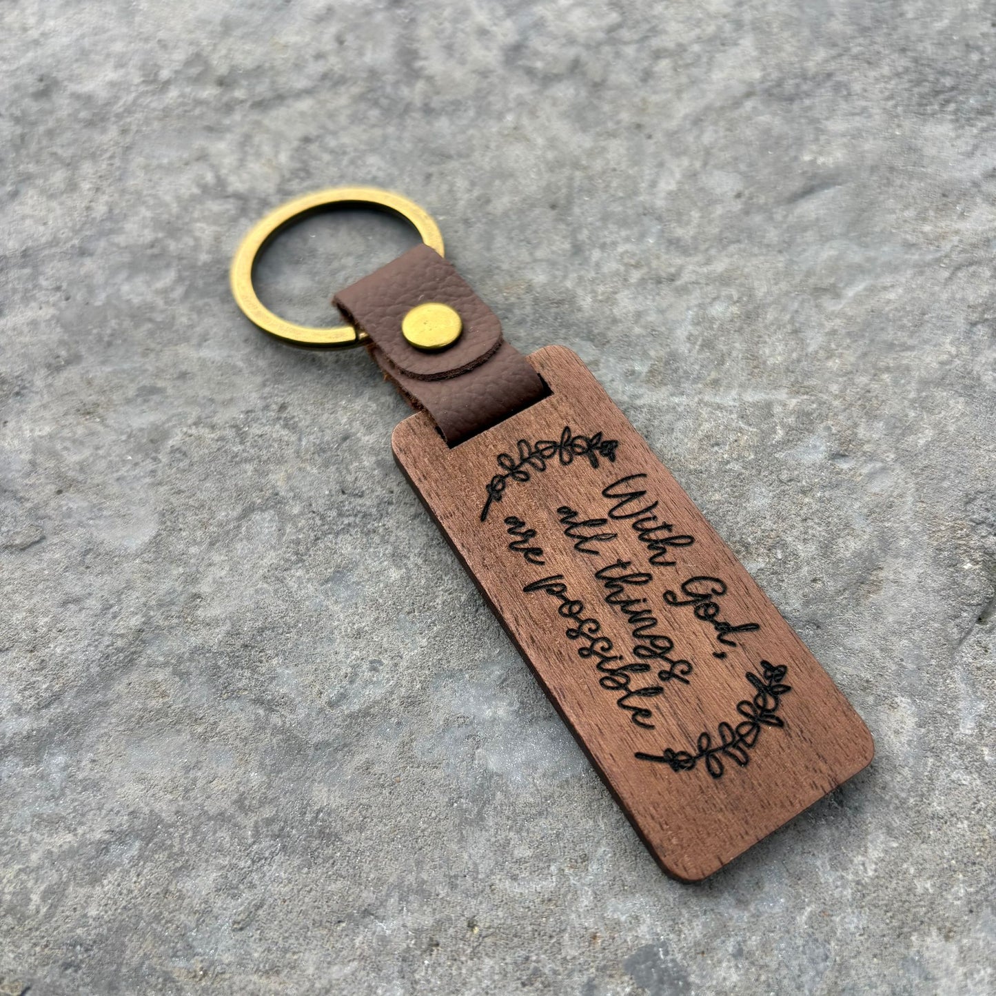 'With God, all things are possible' walnut keyring