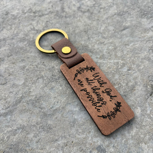'With God, all things are possible' walnut keyring