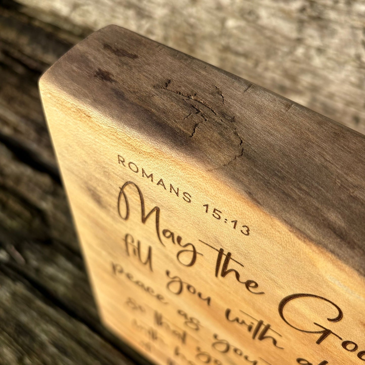 'May the God of hope fill you with all joy and peace' Cedar decorative plaque