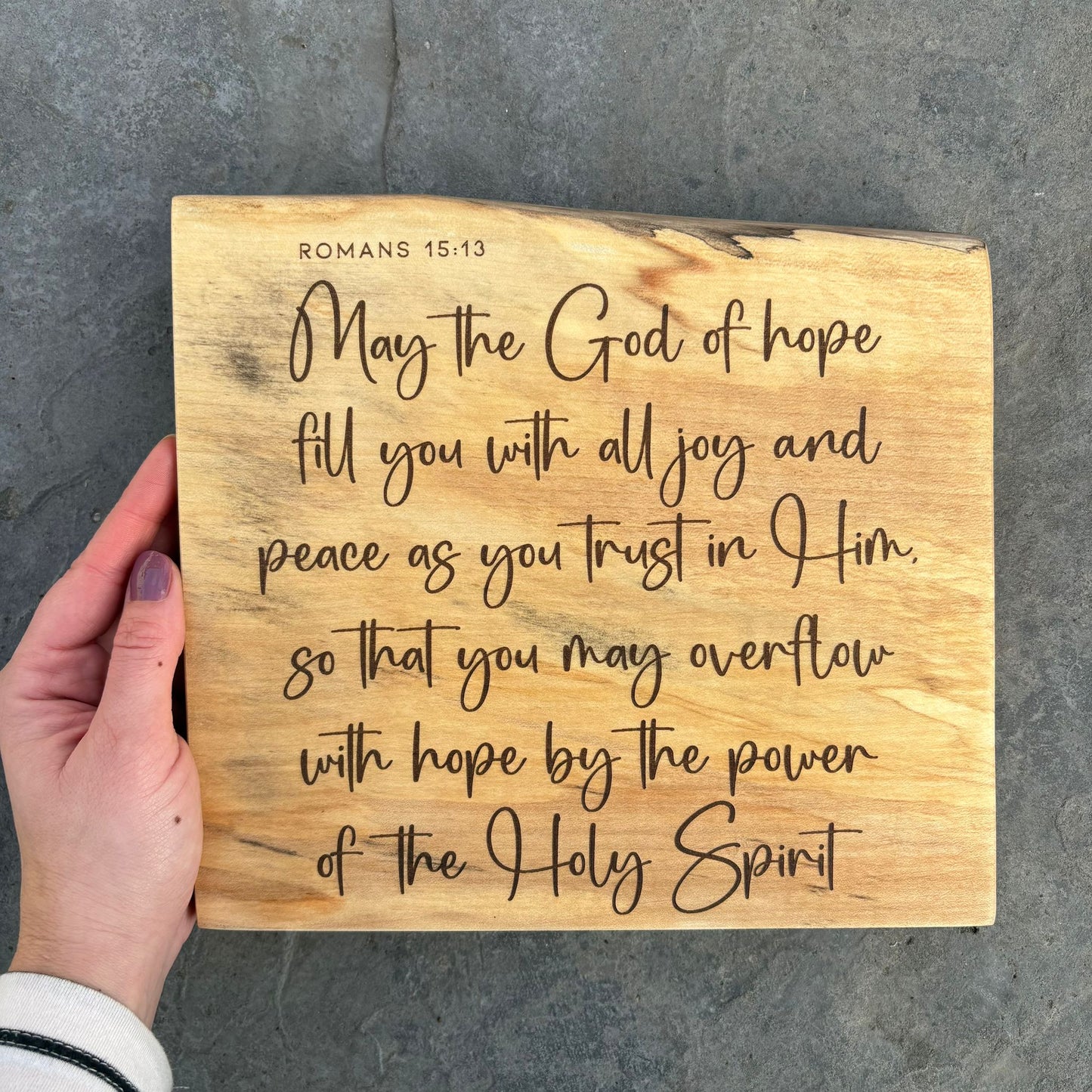 'May the God of hope fill you with all joy and peace' Cedar decorative plaque