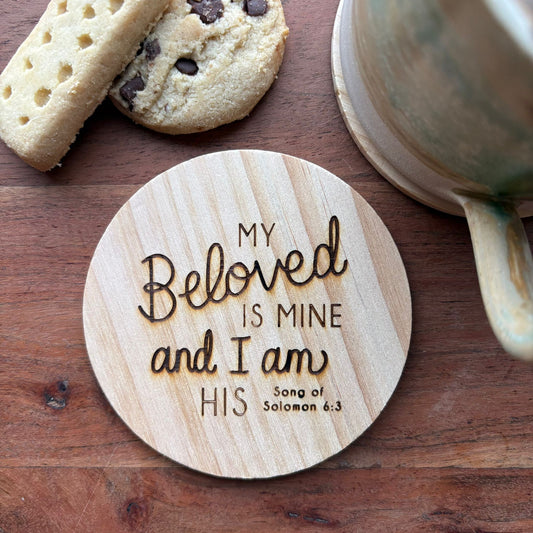 'My beloved is mine and I am his' wooden coaster