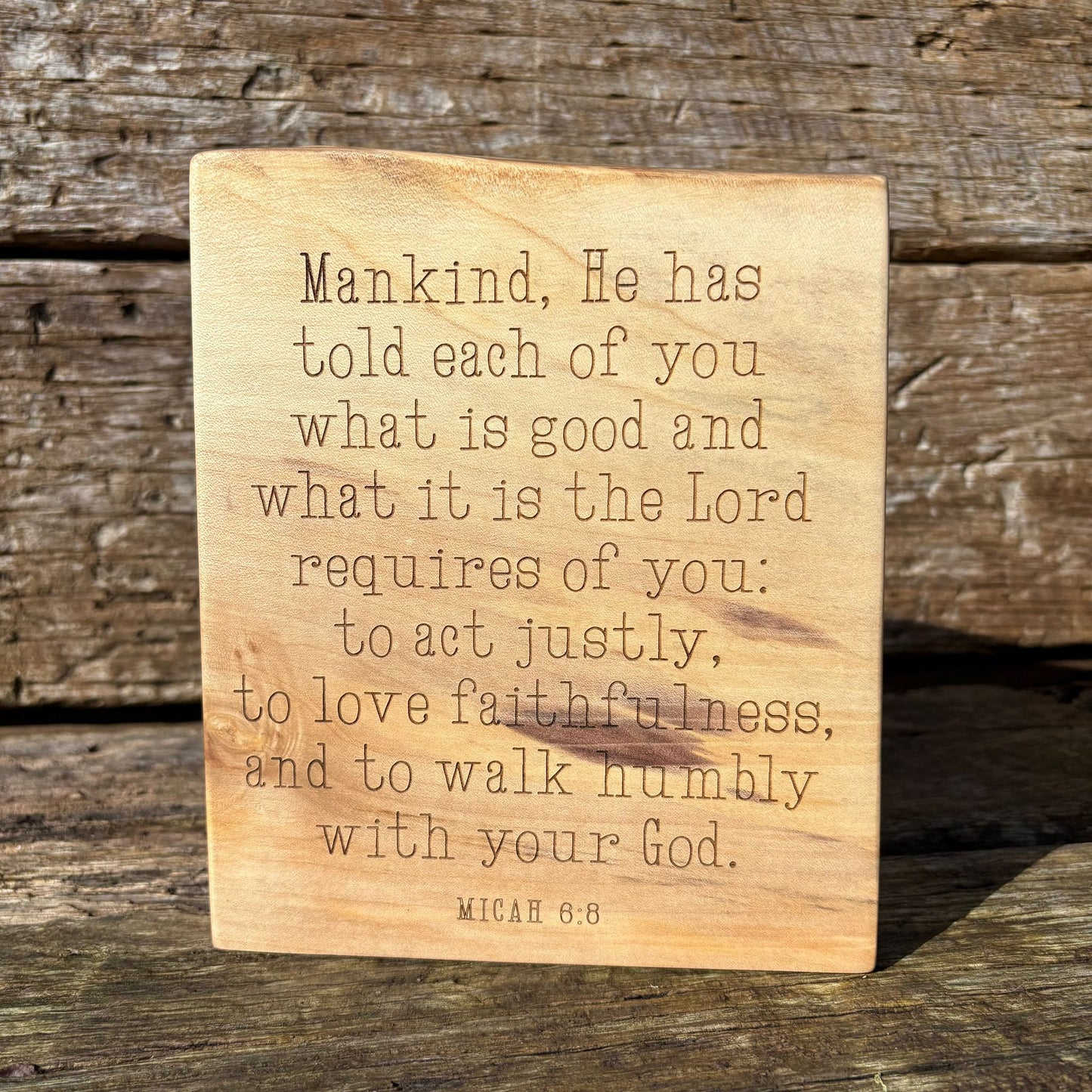 'Act justly, love faithfulness, walk humbly' sycamore decorative plaque
