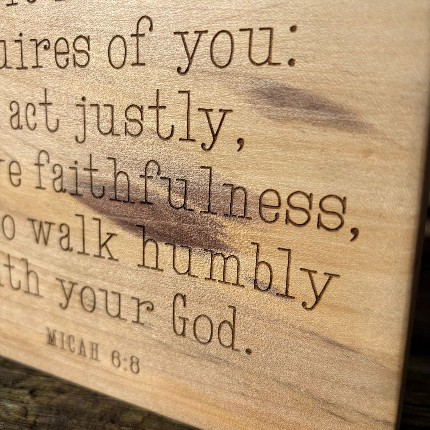 'Act justly, love faithfulness, walk humbly' sycamore decorative plaque
