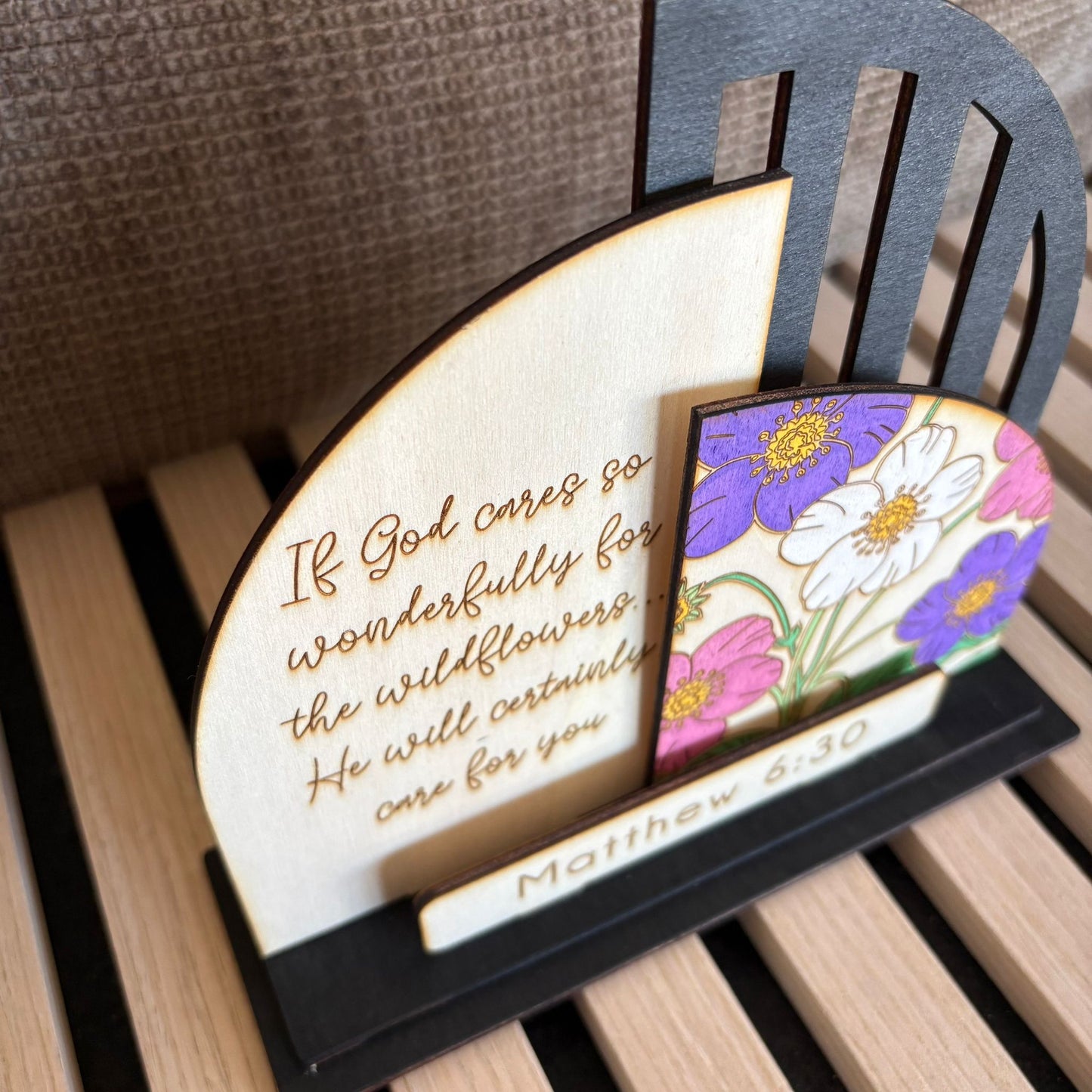 'He will certainly care for you' layered lasercut display
