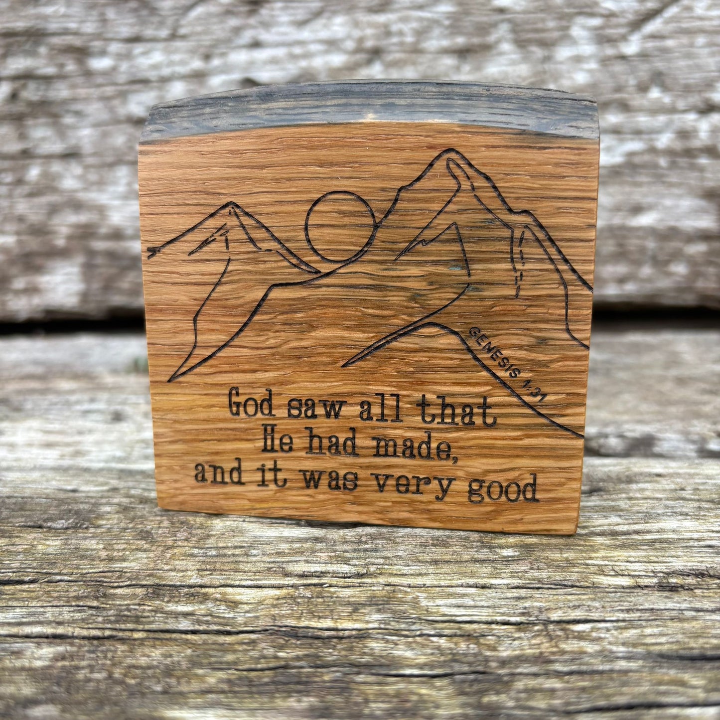 'God saw all that He has made, and it was good' white oak decorative plaque