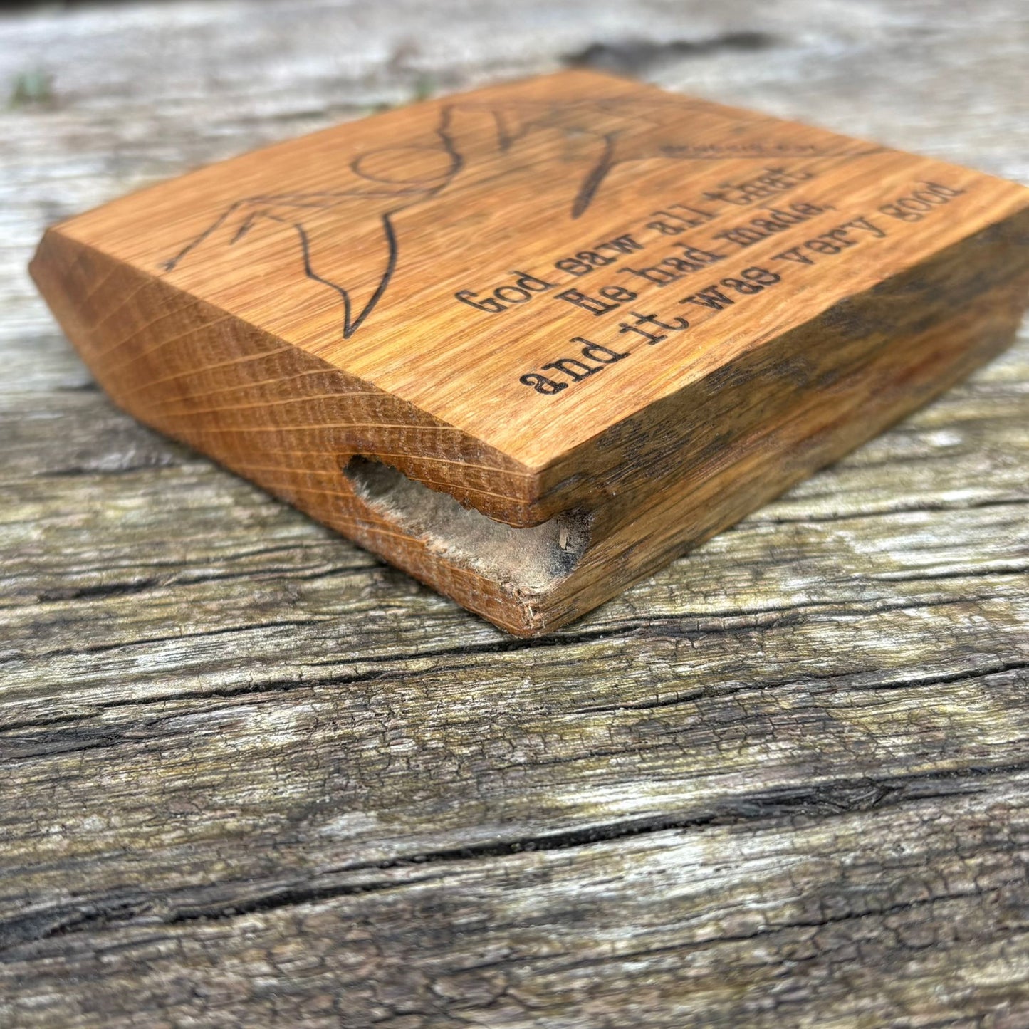 'God saw all that He has made, and it was good' white oak decorative plaque