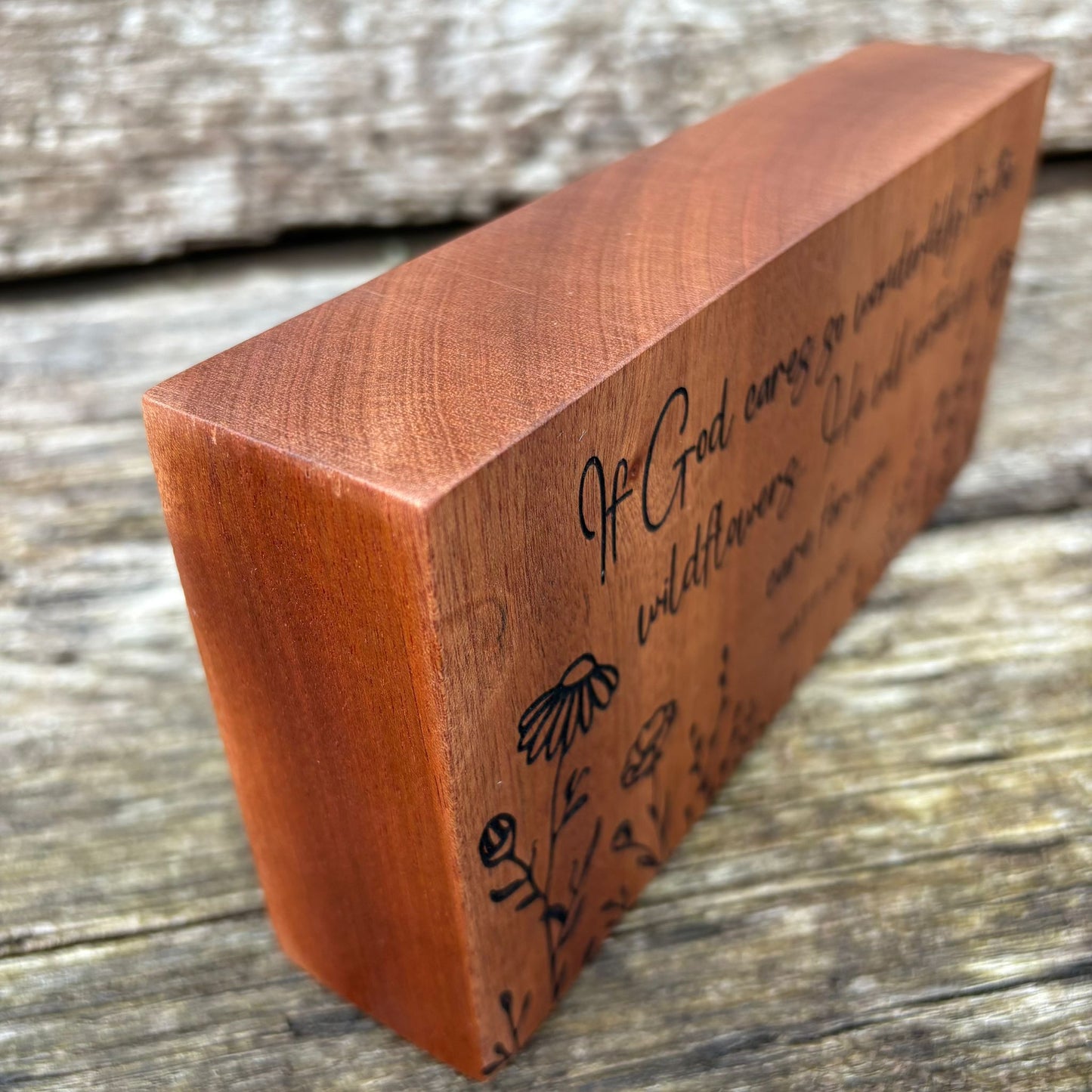 'Wildflowers...He will certainly care for you' mahogany decorative plaque