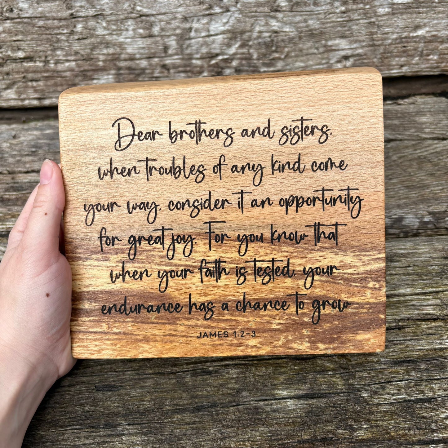 'Consider it an opportunity for great joy' - beech decorative plaque