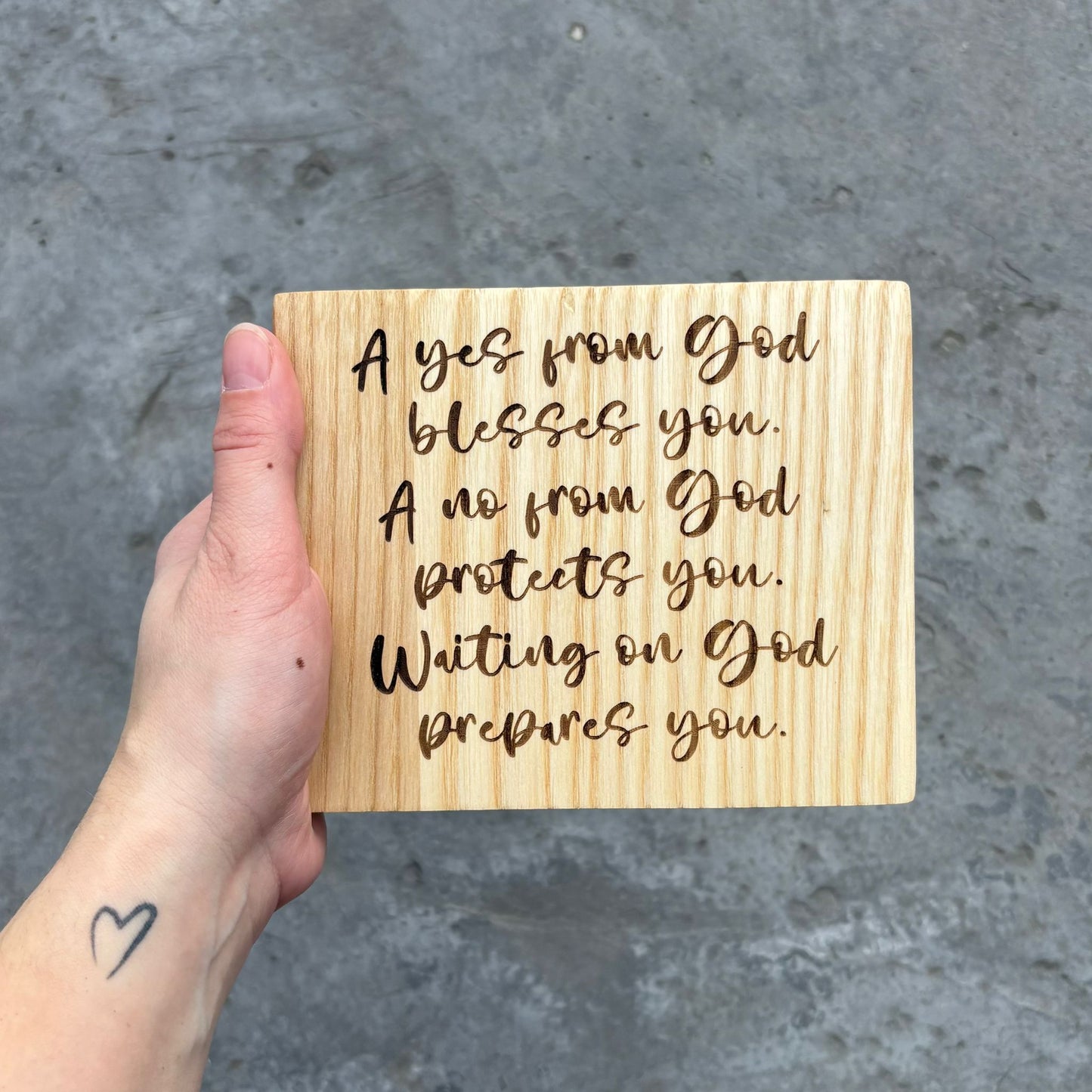 'God...blesses, protects, prepares' ash decorative plaque