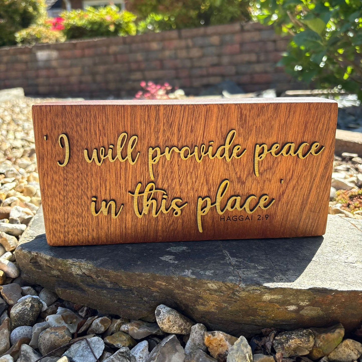 'I will provide peace in this place' - decorative mahogany plaque