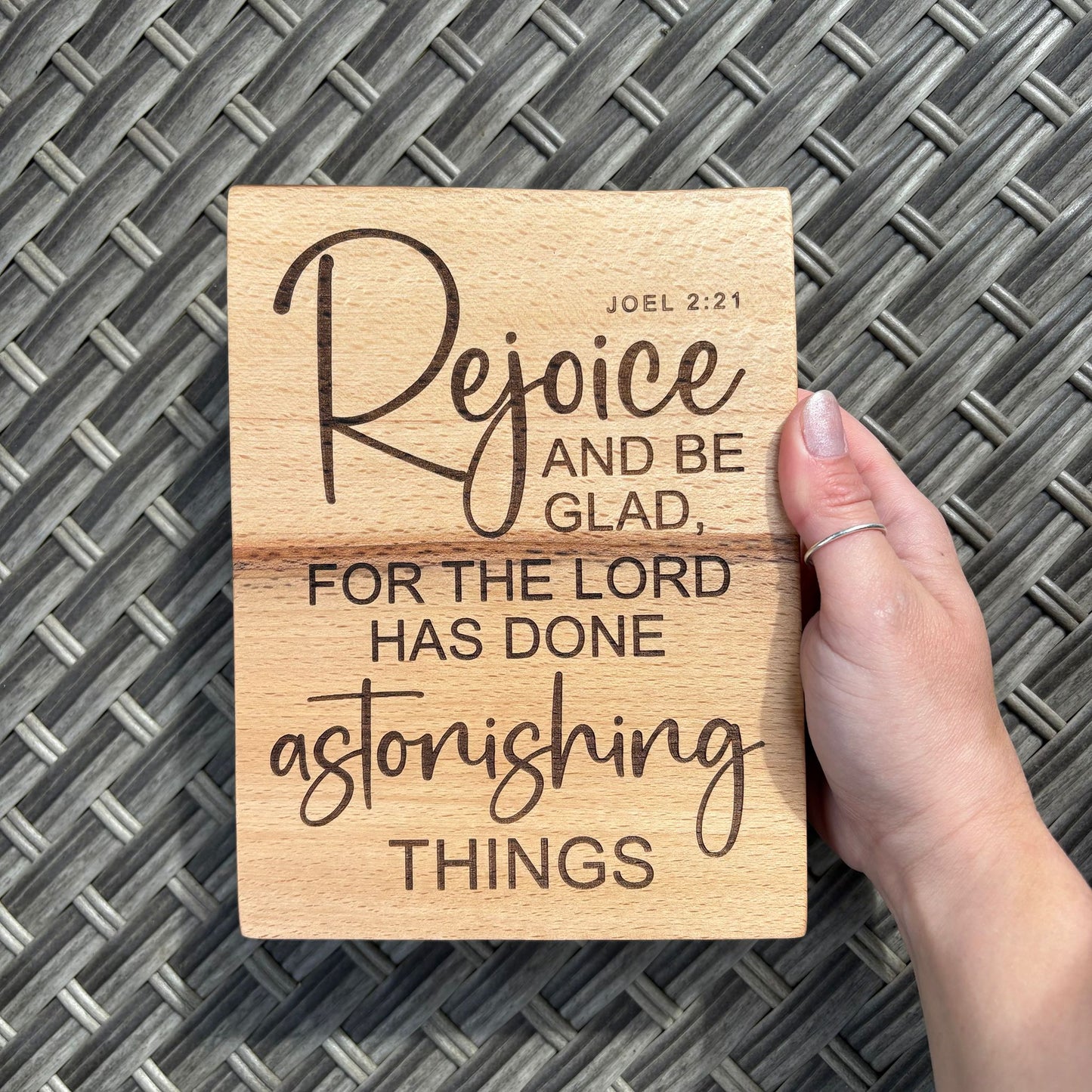 'Rejoice and be glad' Beech decorative plaque