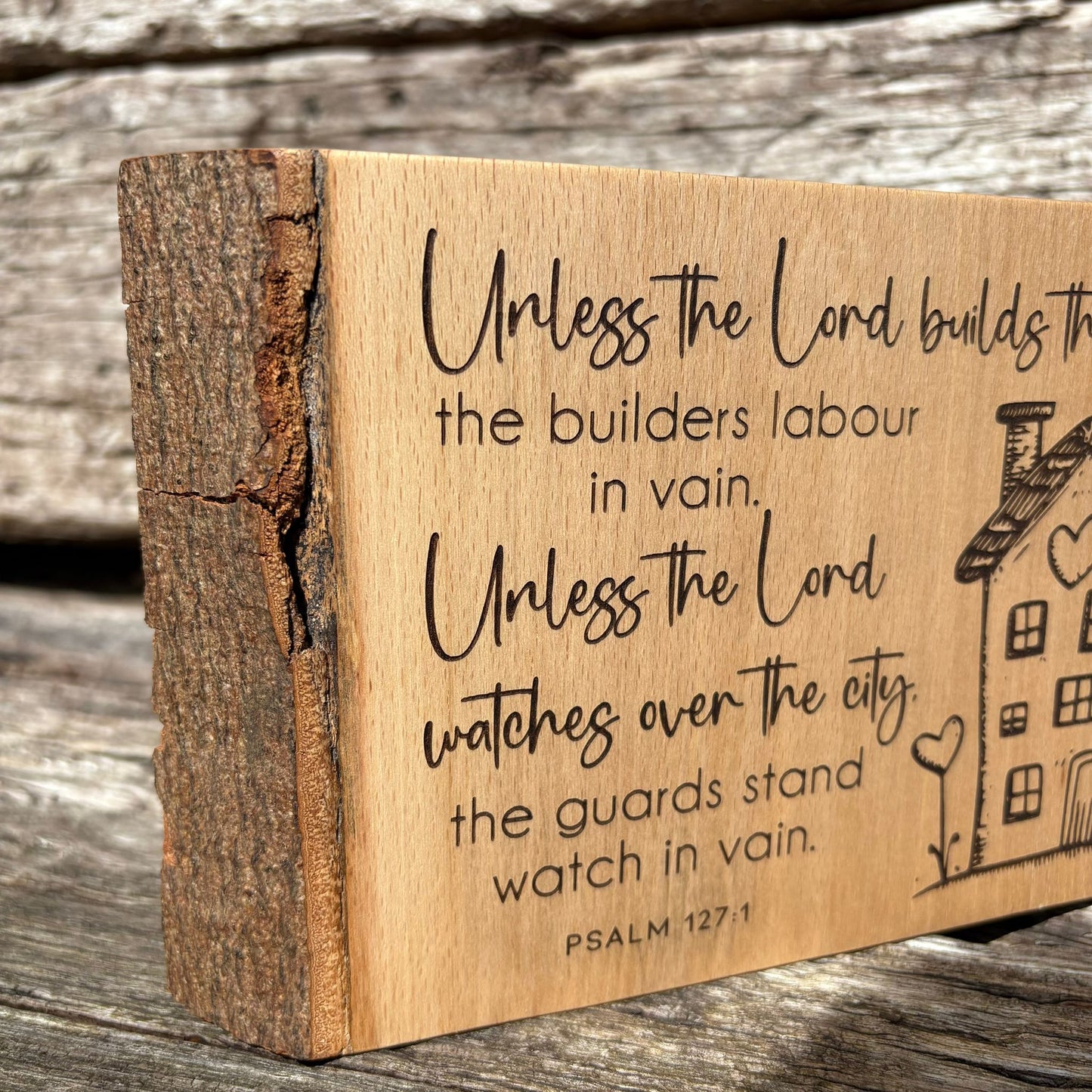 'Unless the Lord builds the house...' Beech decorative plaque
