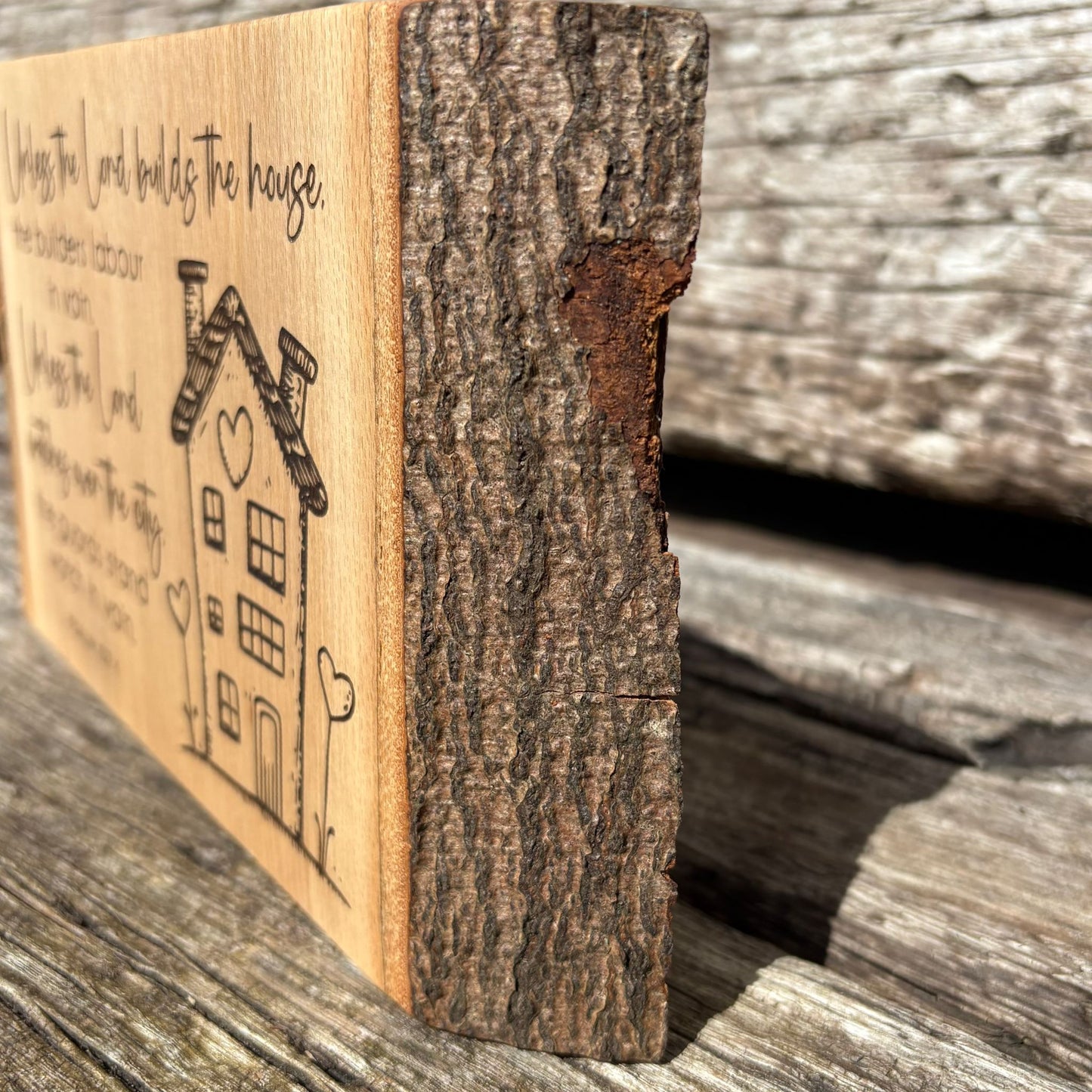 'Unless the Lord builds the house...' Beech decorative plaque
