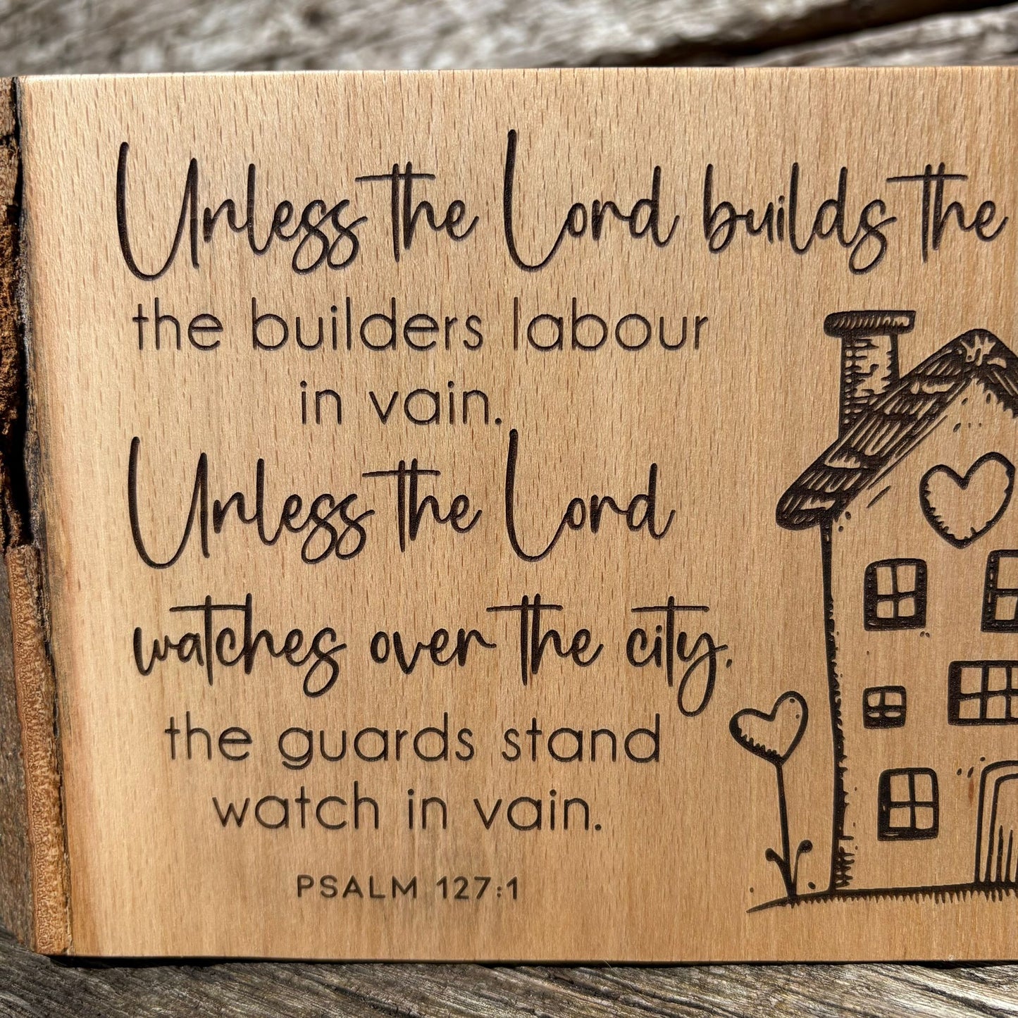 'Unless the Lord builds the house...' Beech decorative plaque