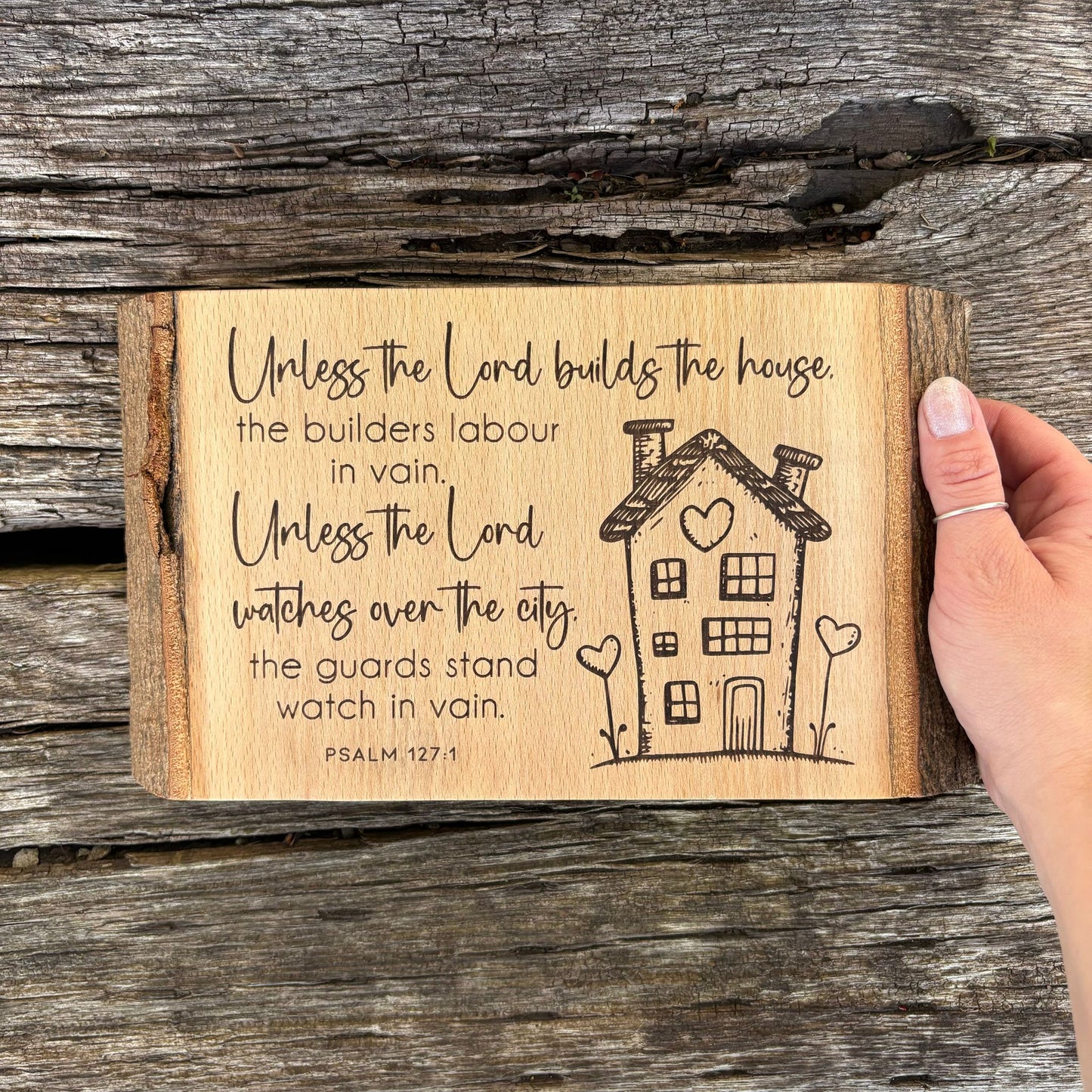 'Unless the Lord builds the house...' Beech decorative plaque