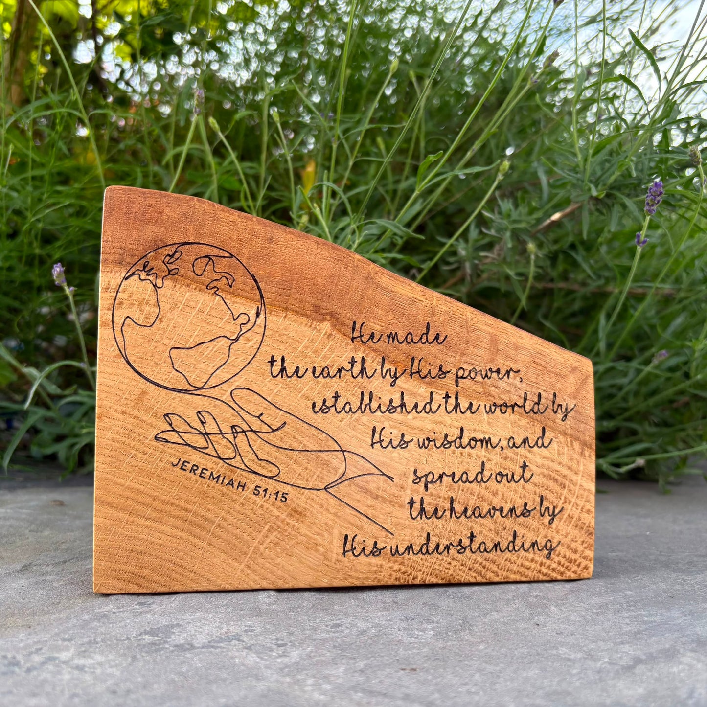 'By His power, wisdom and understanding' decorative live edge plaque