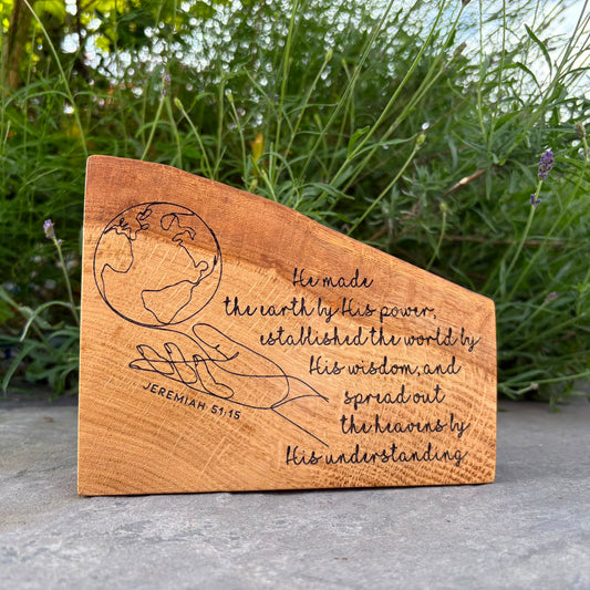 'By His power, wisdom and understanding' decorative live edge plaque