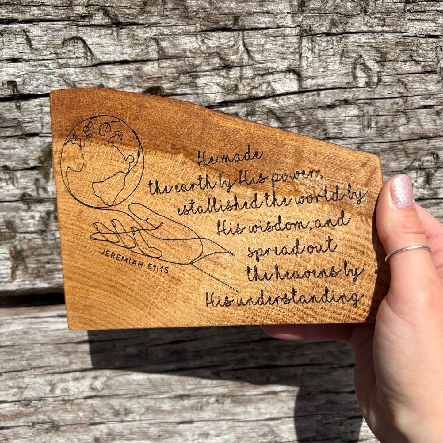 'By His power, wisdom and understanding' decorative live edge plaque