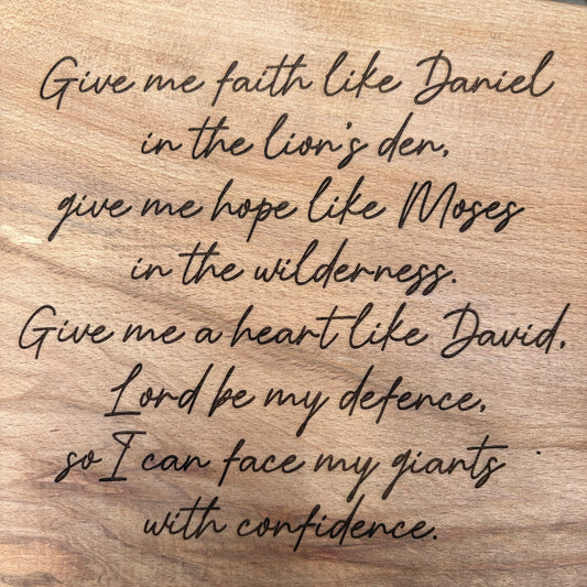 'Faith like Daniel, hope like Moses, heart like David' Beech decorative plaque