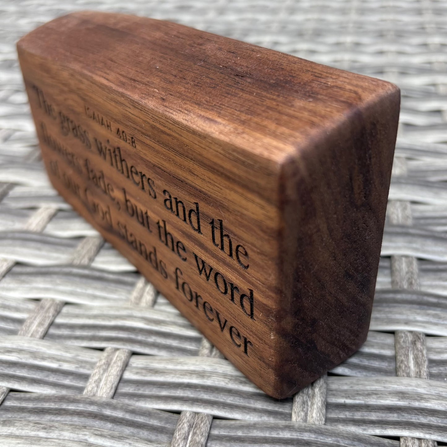 'The word of our God stands forever' live edge walnut plaque