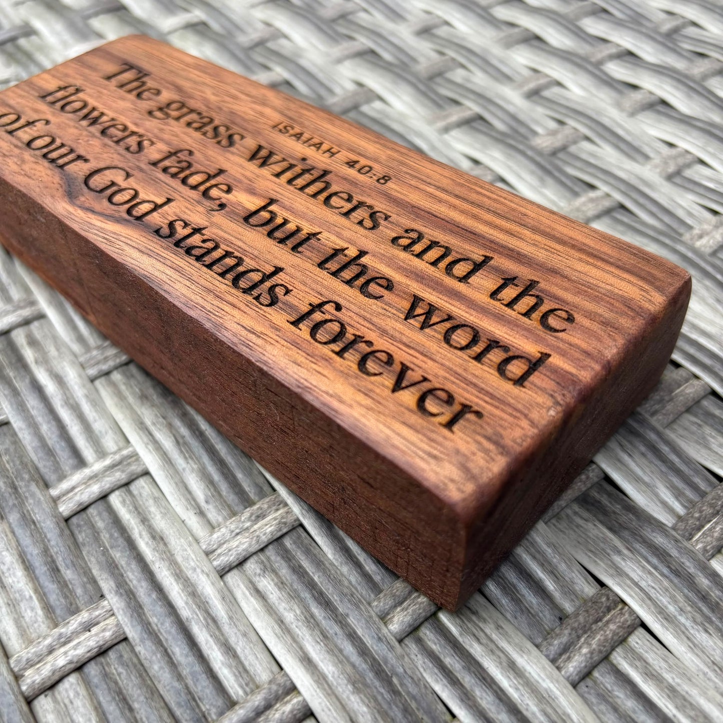 'The word of our God stands forever' live edge walnut plaque