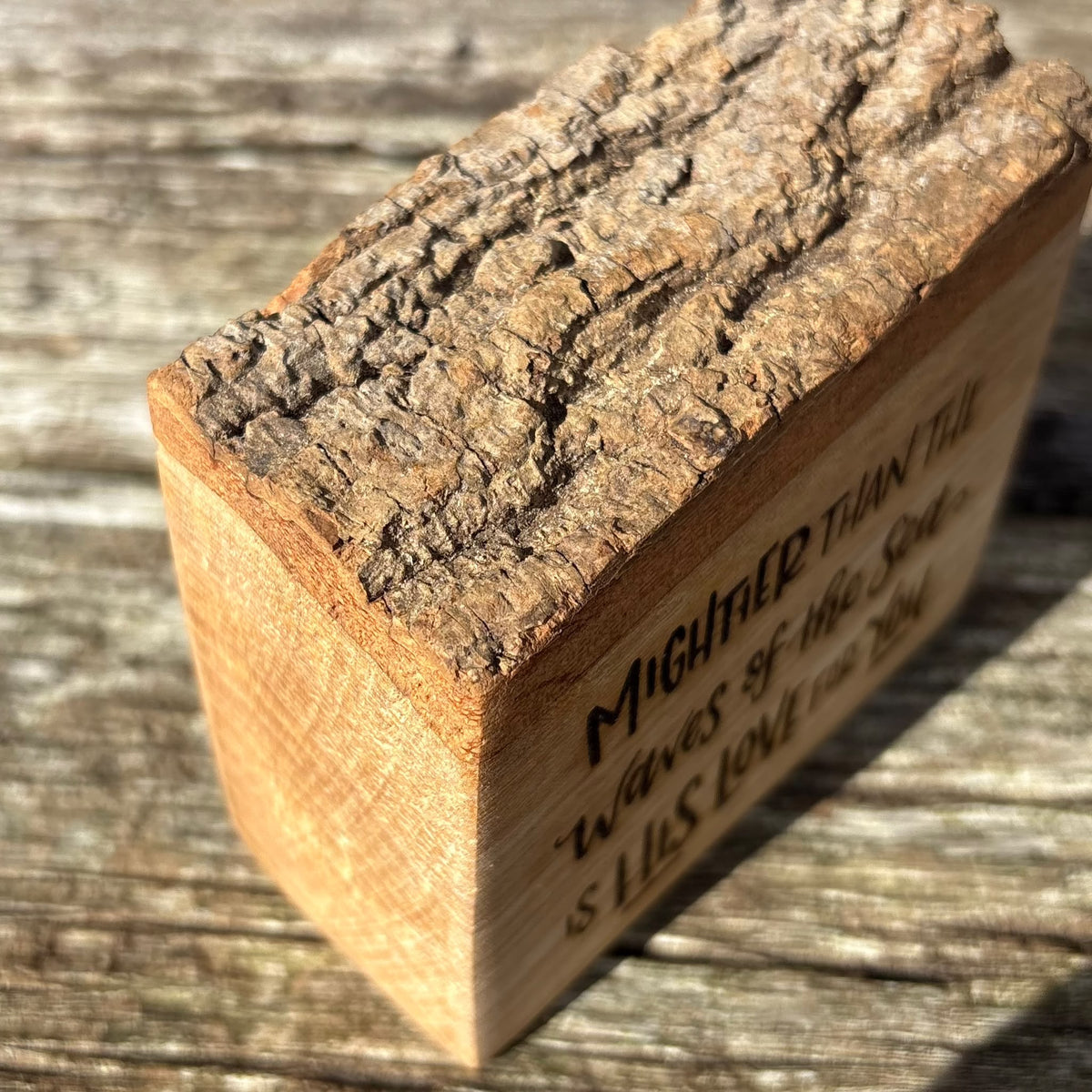 'Mightier than the waves of the sea is His love for you' live edge decorative plaque