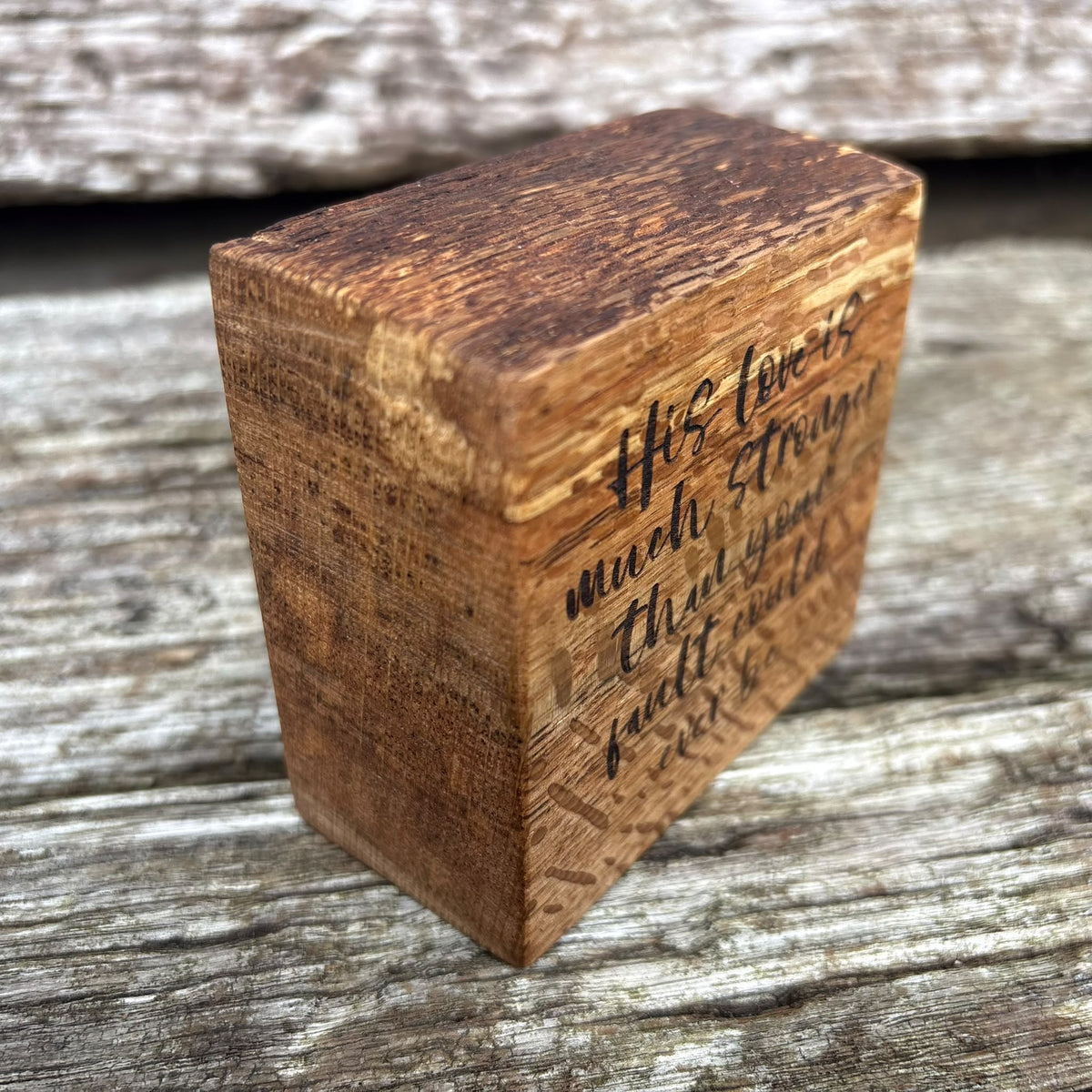 'His love is much stronger than your fault could ever be' decorative plaque