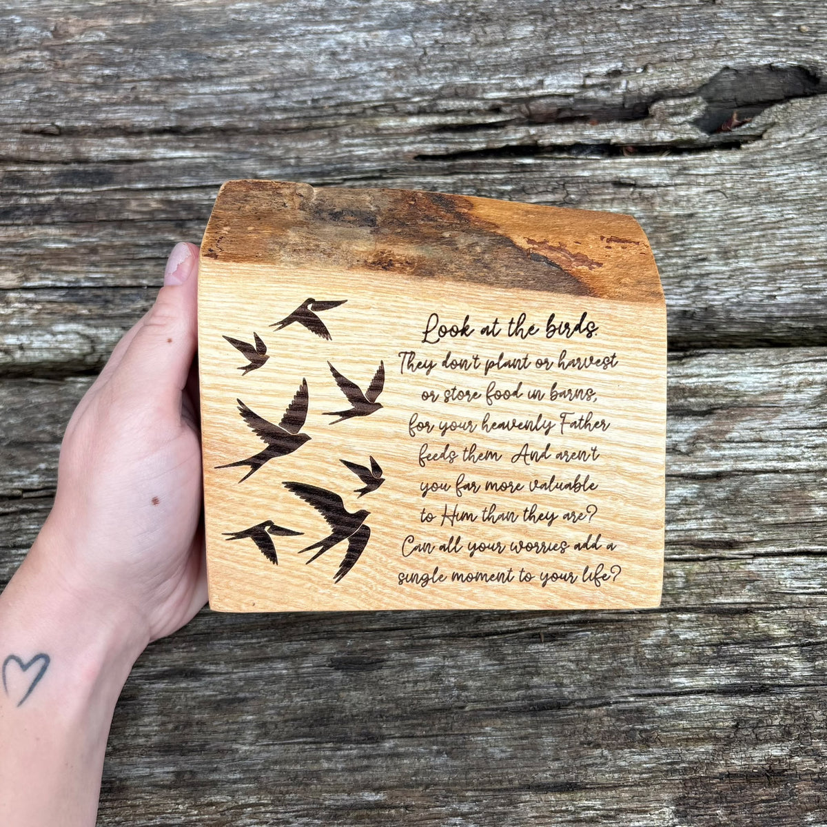 'Can all your worries add a single moment' live edge decorative plaque