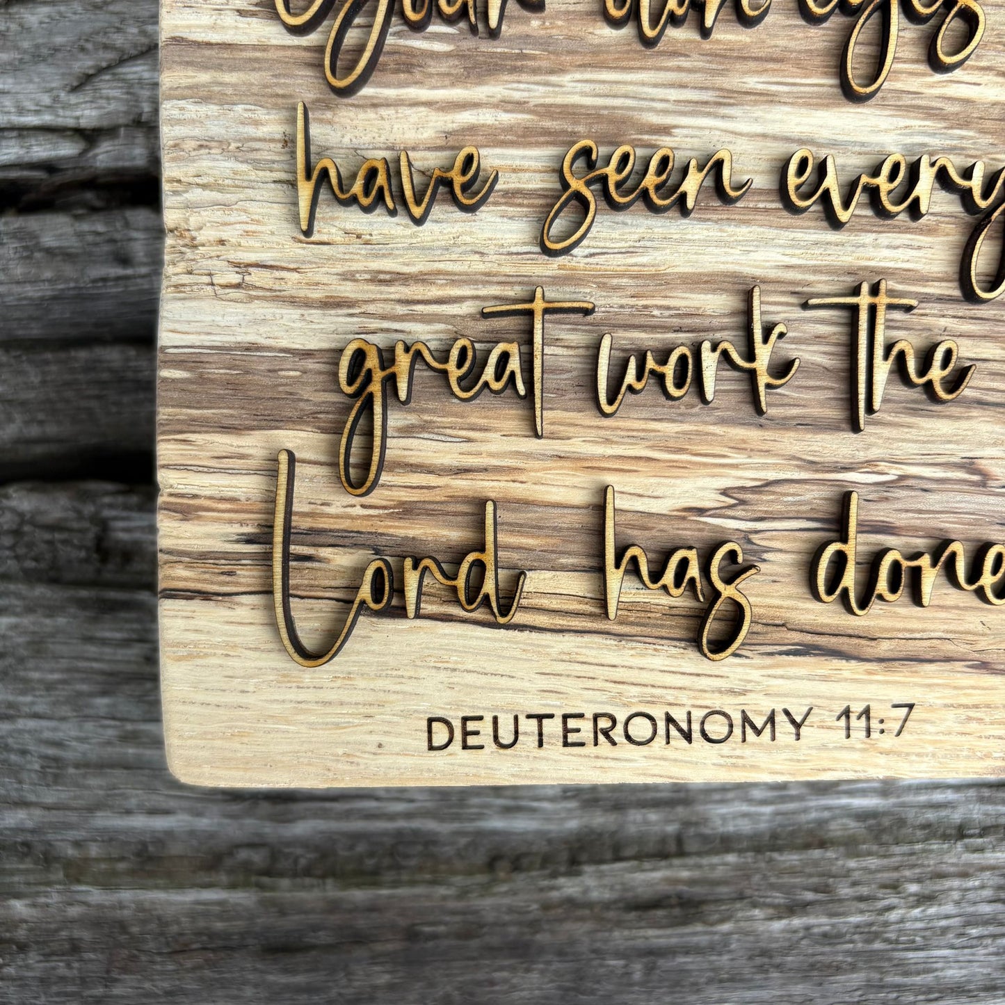 'Every great work the Lord has done' - rustic decorative plaque