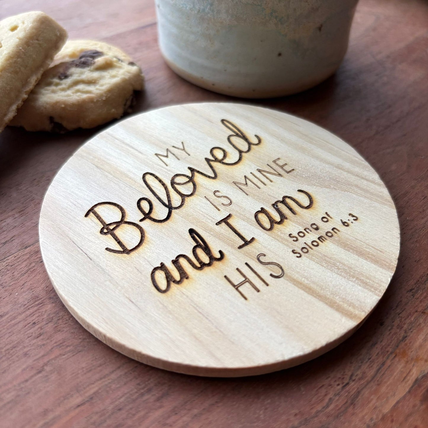 'My beloved is mine and I am his' wooden coaster