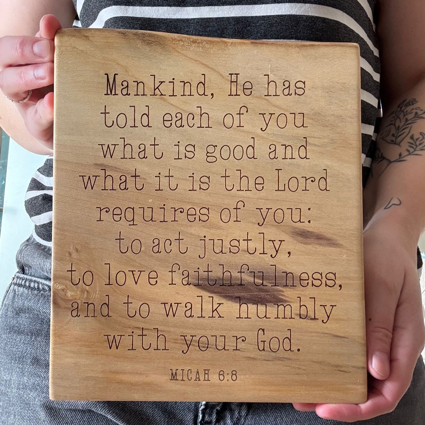 'Act justly, love faithfulness, walk humbly' sycamore decorative plaque