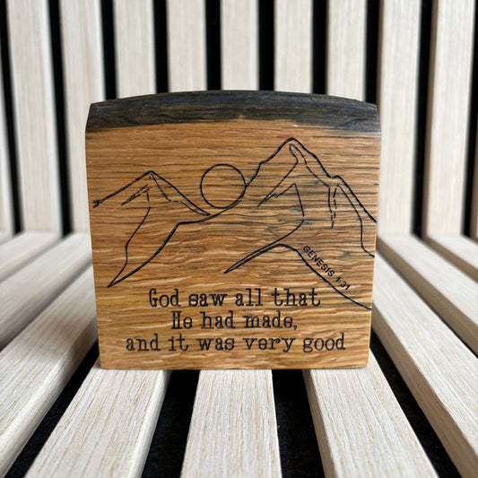 'God saw all that He has made, and it was good' white oak decorative plaque