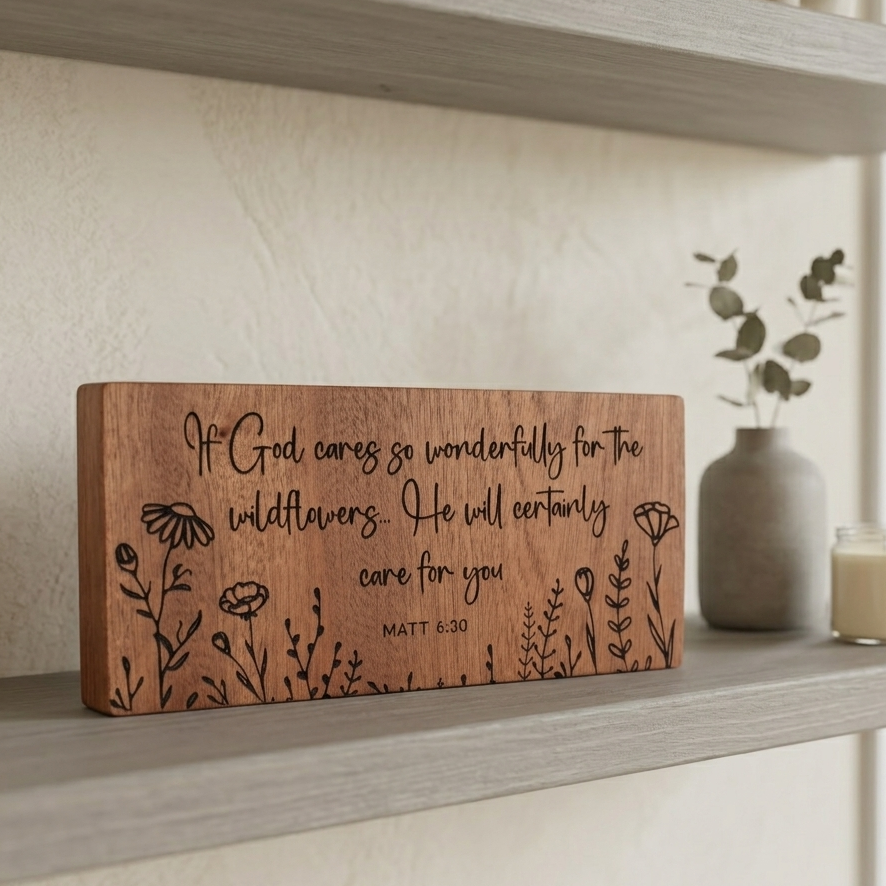 'Wildflowers...He will certainly care for you' mahogany decorative plaque