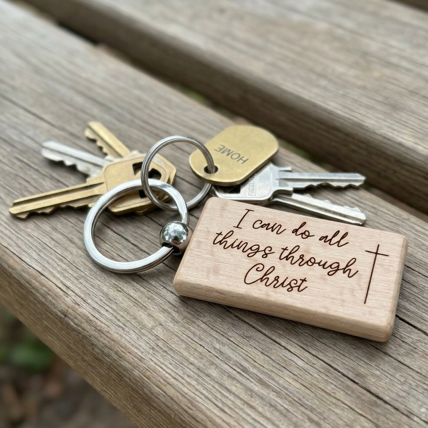 'I can do all things through Christ' wooden keyring