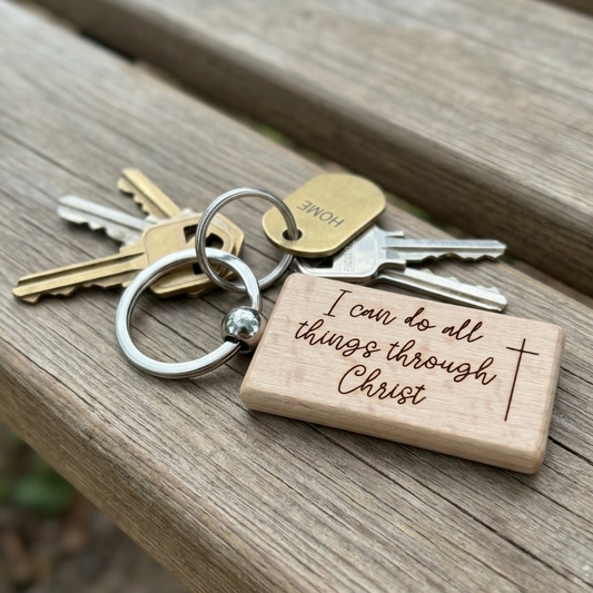 'I can do all things through Christ' wooden keyring