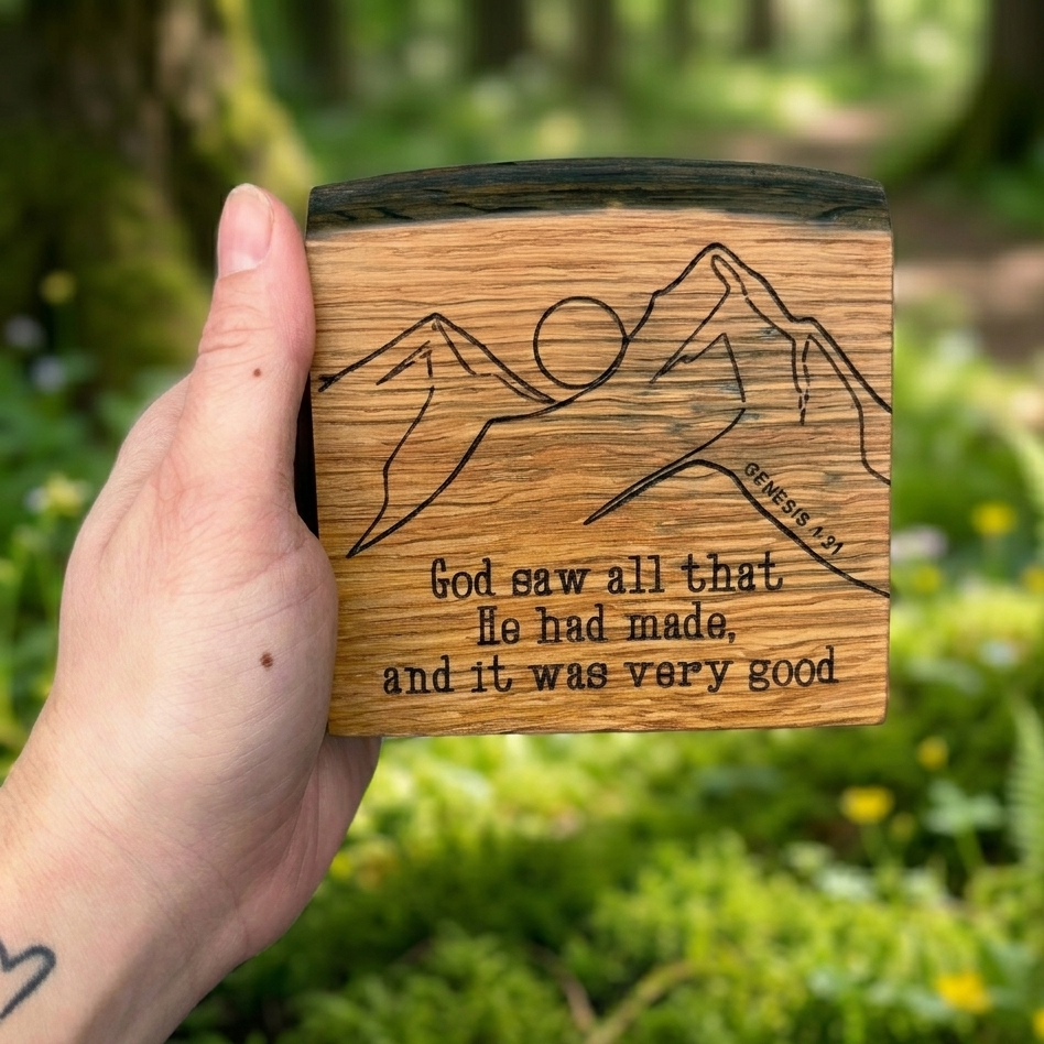 'God saw all that He has made, and it was good' white oak decorative plaque