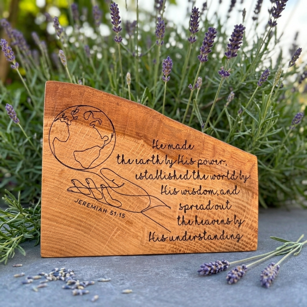 'By His power, wisdom and understanding' decorative live edge plaque