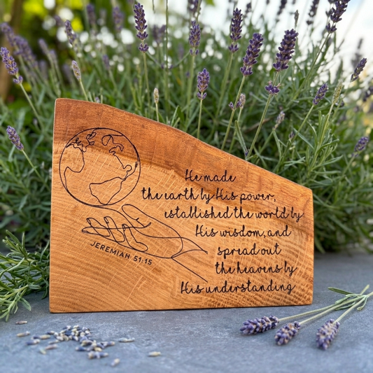 'By His power, wisdom and understanding' decorative live edge plaque