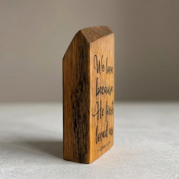 'We love because He first loved us' decorative white oak plaque