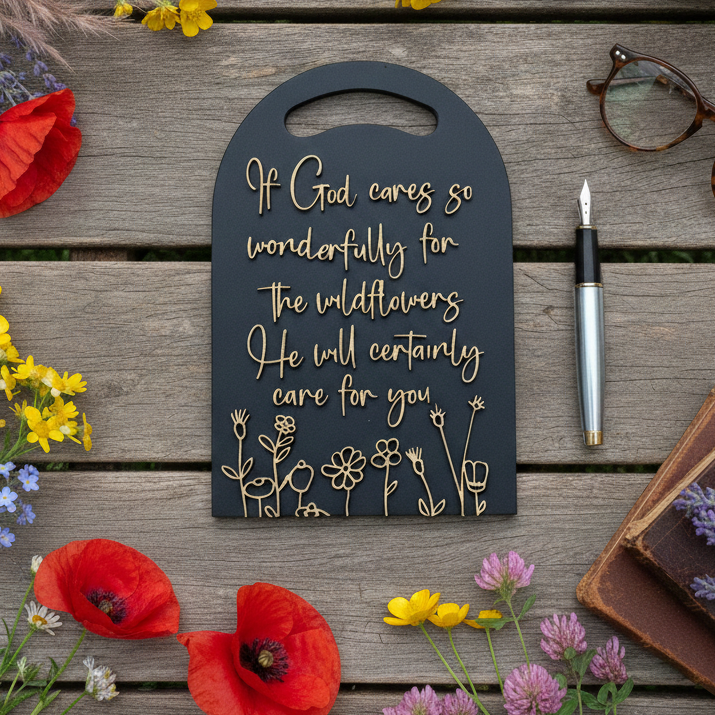 'He will certainly care for you' black/gold decorative plaque