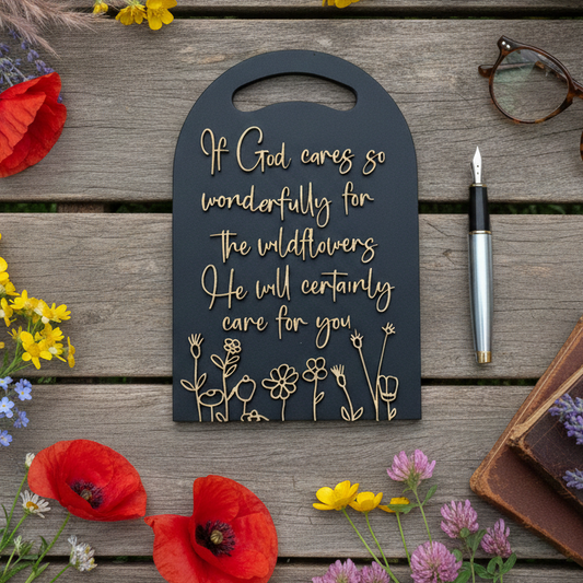 'He will certainly care for you' black/gold decorative plaque