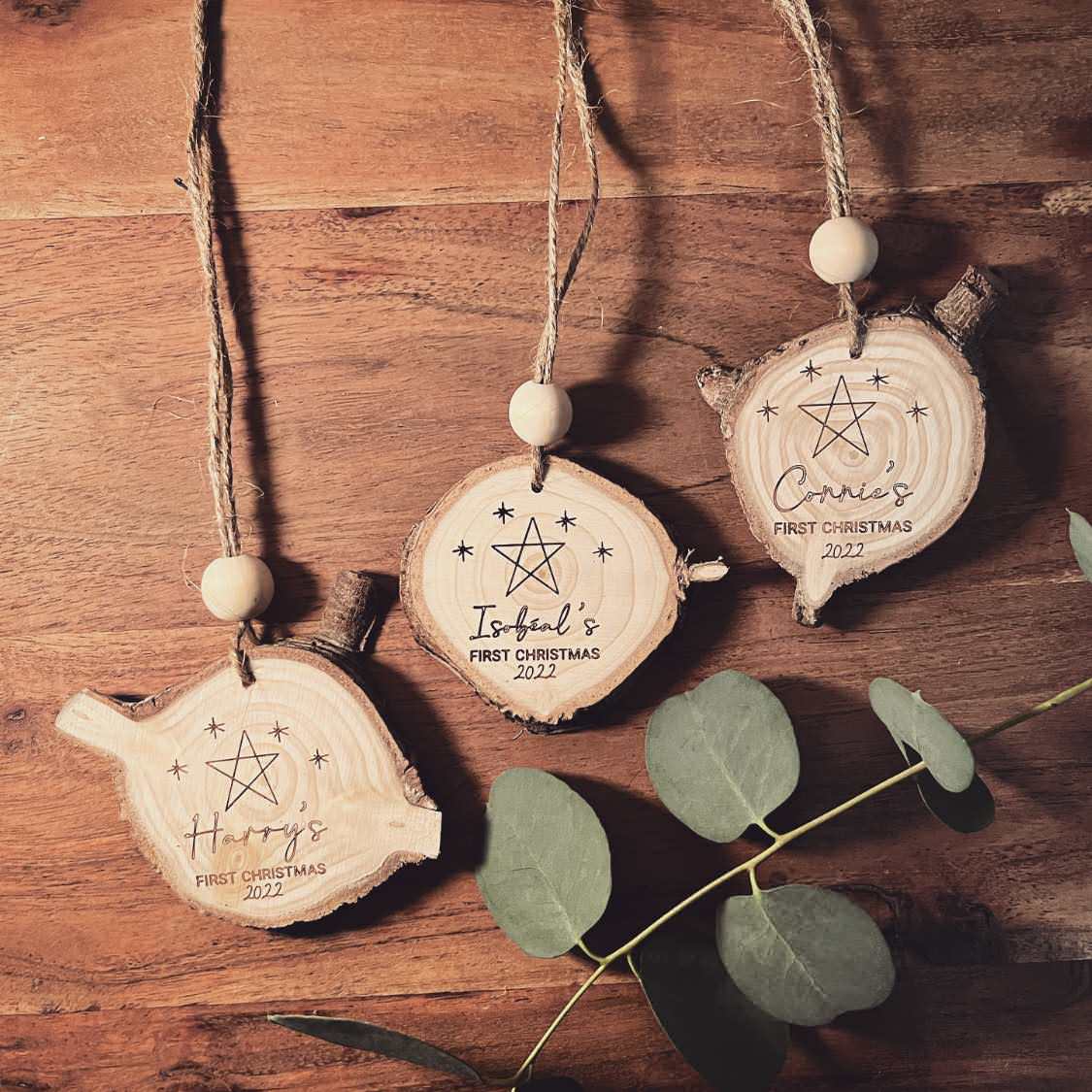 ❆ 'Baby's first Christmas' personalised bauble - log slice